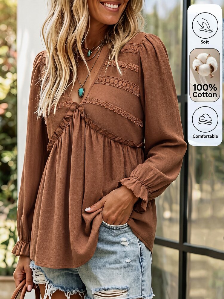 SHEIN LilyWest 女款新款秋冬棉質蕾絲襯衫 - 棕色 - 查看 1