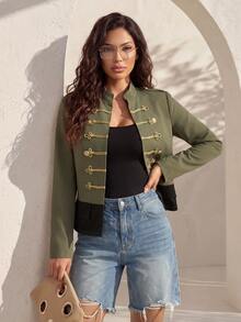 Structelle Jaket Wanita Kasual Gaya Militer Napoleon dengan Kerah Cina, Epaulet Bahu, Kancing Kodok Benang Emas, Tali Pengikat, dan Kancing Bulat Logam, Jaket Pendek dengan Hem Warna Blok - Hijau Tentara - View 4