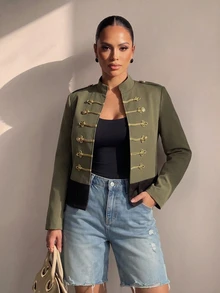 Structelle Jaket Wanita Kasual Gaya Militer Napoleon dengan Kerah Cina, Epaulet Bahu, Kancing Kodok Benang Emas, Tali Pengikat, dan Kancing Bulat Logam, Jaket Pendek dengan Hem Warna Blok - Hijau Tentara - View 3