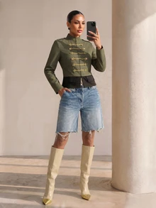 Structelle Jaket Wanita Kasual Gaya Militer Napoleon dengan Kerah Cina, Epaulet Bahu, Kancing Kodok Benang Emas, Tali Pengikat, dan Kancing Bulat Logam, Jaket Pendek dengan Hem Warna Blok - Hijau Tentara - View 6