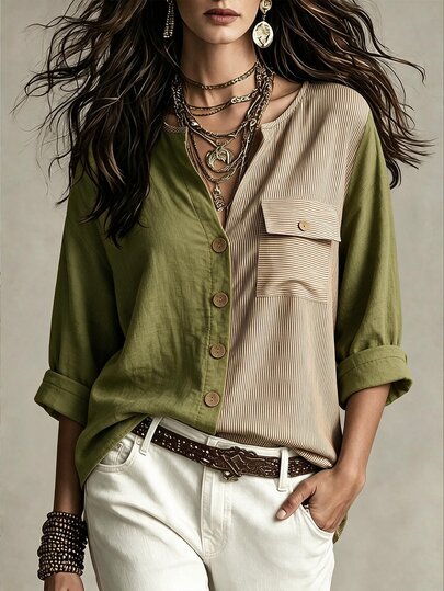 Omancia Top Feminina Verde Exército com Blocos de Cor e Listras, Top de Manga Longa com Botões na Frente e Bolso, Top Casual Boho de Ajuste Solto, Roupa do Dia a Dia para o Outono