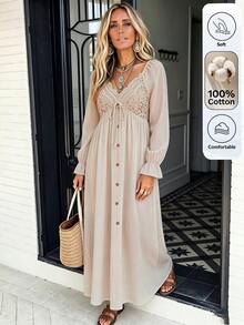 SHEIN LilyWest Women's Autumn/Winter Lace Patchwork Button Flare Cuff Dress - Apricot - View 1
