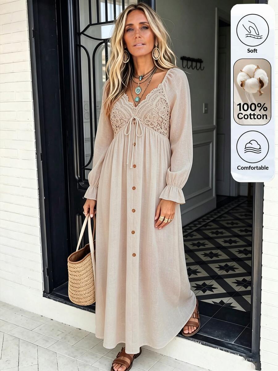 SHEIN LilyWest Women's Autumn/Winter Lace Patchwork Button Flare Cuff Dress - Apricot - View 1