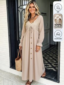 SHEIN LilyWest Women's Autumn/Winter Lace Patchwork Button Flare Cuff Dress - Apricot - View 7
