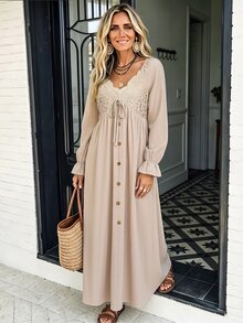 SHEIN LilyWest Women's Autumn/Winter Lace Patchwork Button Flare Cuff Dress - Apricot - View 5