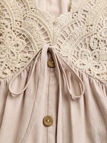 SHEIN LilyWest Women's Autumn/Winter Lace Patchwork Button Flare Cuff Dress - Apricot - View 3
