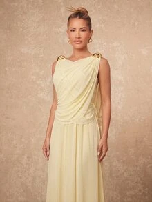 Lumalex Soft Flowy Comfortable Mesh Metal Buckle Decor Criss-Cross Long Dress Going Out Vacation Outfits Cruise Outfit For Women - Light Yellow - View 4