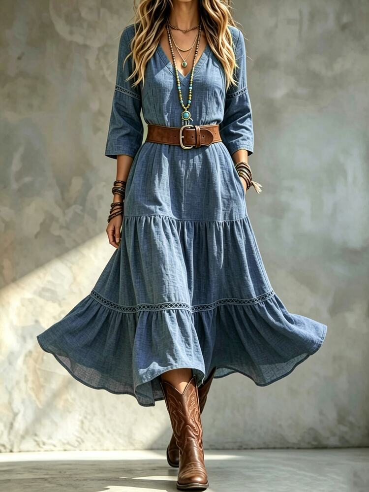 LanaWest CURVE Plus Size Casual V-Neck Lace Patchwork Long Sleeve Dress Fall - Blue - View 3
