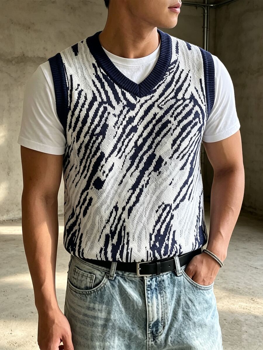 Claim Dot Men's Colorblock V-Neck Casual Versatile Knit Vest Goth - Blue - View 1