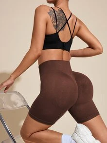 SHEIN Rhythm Era Women's Plus Size Solid Color High Waist Daily Fitness Sports Shorts - Brown - View 6