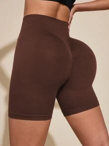 SHEIN Rhythm Era Women's Plus Size Solid Color High Waist Daily Fitness Sports Shorts - Brown - View 2