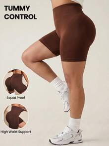 SHEIN Rhythm Era Women's Plus Size Solid Color High Waist Daily Fitness Sports Shorts - Brown - View 1