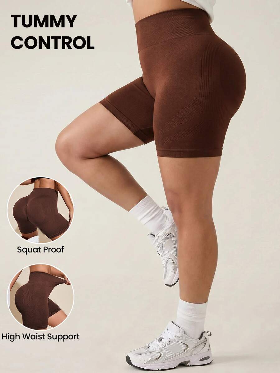 SHEIN Rhythm Era Women's Plus Size Solid Color High Waist Daily Fitness Sports Shorts - Brown - View 1