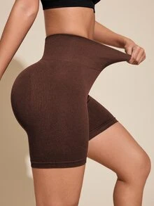 SHEIN Rhythm Era Women's Plus Size Solid Color High Waist Daily Fitness Sports Shorts - Brown - View 4