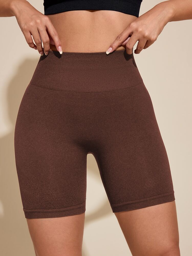 SHEIN Rhythm Era Quần short thể thao tập gym hằng ngày cạp cao màu trơn size lớn cho nữ - màu nâu - Xem 5