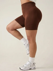 SHEIN Rhythm Era Women's Plus Size Solid Color High Waist Daily Fitness Sports Shorts - Brown - View 8