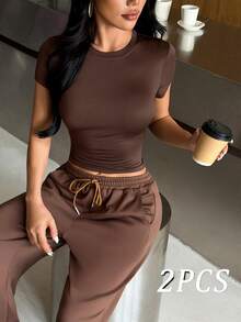 Muchica Women's Chocolate Brown Shades Of Brown T-Shirt Wide Leg Pants Contrast Drawstring Waistband High Stretch Sports Set Breathable Quick Dry Gym - Brown - View 5