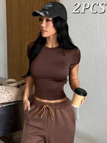 Muchica Women's Chocolate Brown Shades Of Brown T-Shirt Wide Leg Pants Contrast Drawstring Waistband High Stretch Sports Set Breathable Quick Dry Gym - Brown - View 2