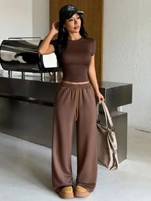 Muchica Women's Chocolate Brown Shades Of Brown T-Shirt Wide Leg Pants Contrast Drawstring Waistband High Stretch Sports Set Breathable Quick Dry Gym - Brown - View 11