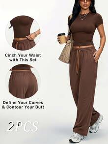 Muchica Women's Chocolate Brown Shades Of Brown T-Shirt Wide Leg Pants Contrast Drawstring Waistband High Stretch Sports Set Breathable Quick Dry Gym - Brown - View 6