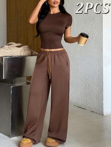 Muchica Women's Chocolate Brown Shades Of Brown T-Shirt Wide Leg Pants Contrast Drawstring Waistband High Stretch Sports Set Breathable Quick Dry Gym - Brown - View 10