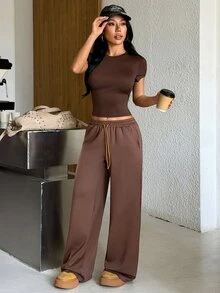Muchica Women's Chocolate Brown Shades Of Brown T-Shirt Wide Leg Pants Contrast Drawstring Waistband High Stretch Sports Set Breathable Quick Dry Gym - Brown - View 9