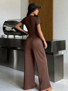 Muchica Women's Chocolate Brown Shades Of Brown T-Shirt Wide Leg Pants Contrast Drawstring Waistband High Stretch Sports Set Breathable Quick Dry Gym - Brown - View 8