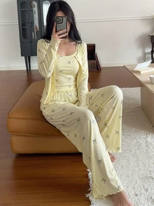 DAZY 3pcs Bow Print Allover Allover Print Camisole And Pants Women Pajama Set - Yellow - View 4