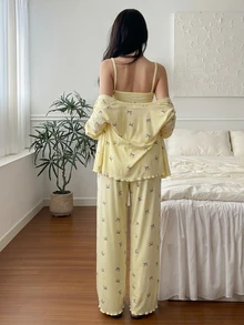 DAZY 3pcs Bow Print Allover Allover Print Camisole And Pants Women Pajama Set - Yellow - View 2