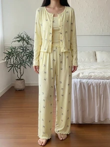 DAZY 3pcs Bow Print Allover Allover Print Camisole And Pants Women Pajama Set - Yellow - View 5