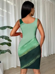 Glamine 扎染褶皱修身无袖紧身连衣裙，适合新年服装 - 綠色 - 查看 2