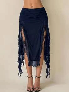 SHEIN ICON Women's Solid Color Ruffle Hem Slit Hem Midi Skirt - Navy Blue - View 2