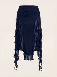 SHEIN ICON Women's Solid Color Ruffle Hem Slit Hem Midi Skirt - Navy Blue - View 1