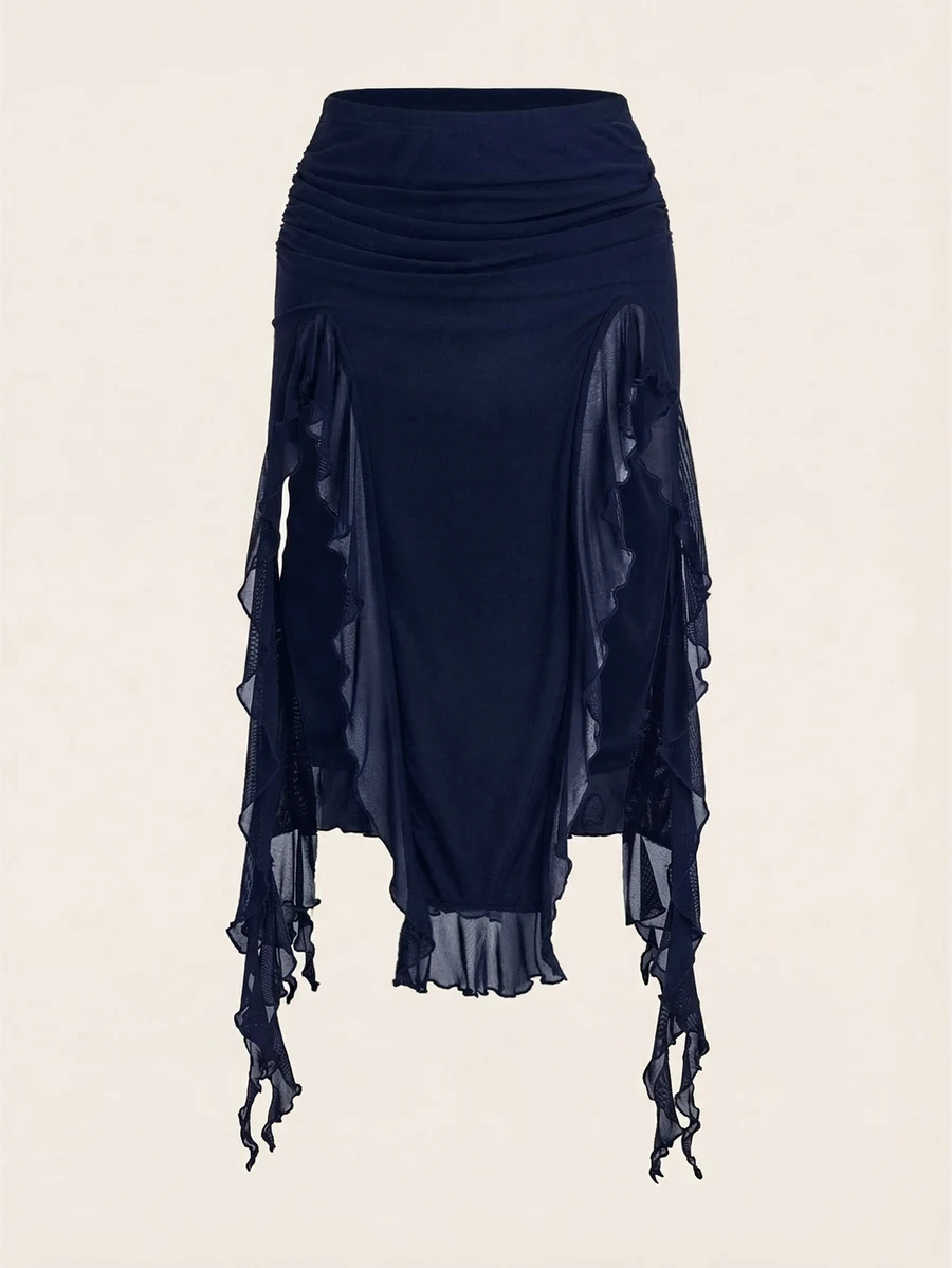 SHEIN ICON Women's Solid Color Ruffle Hem Slit Hem Midi Skirt - Navy Blue - View 1
