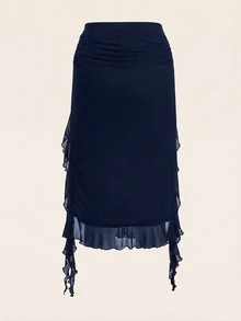 SHEIN ICON Women's Solid Color Ruffle Hem Slit Hem Midi Skirt - Navy Blue - View 5
