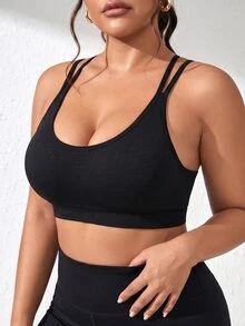 SHEIN Rhythm Era 无缝高弹力运动健身文胸，时尚吊带背心式内衣，按扣闭合 - 黑色 - 查看 4