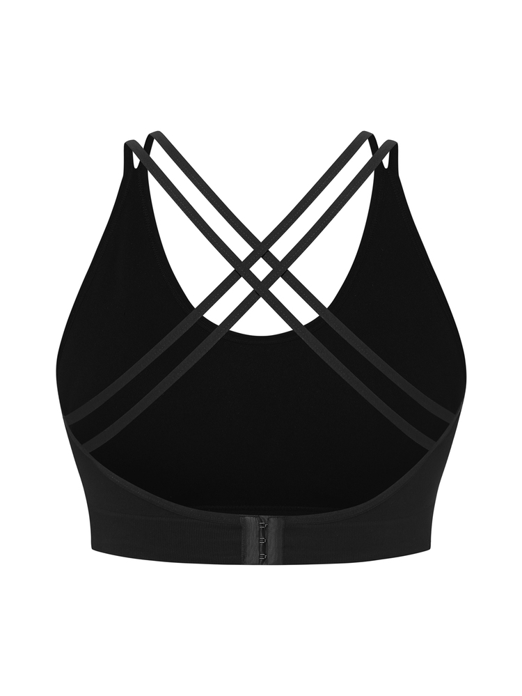 SHEIN Rhythm Era 无缝高弹力运动健身文胸，时尚吊带背心式内衣，按扣闭合 - 黑色 - 查看 6