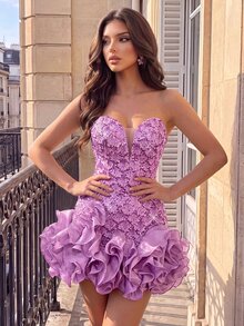Poshira Women's Mini Strapless Deep V-Neck Rhinestone Sequined Short Hem Dress,3D Floral Design For Birthday,Wedding Guest,Cocktail Graduation Pink - Dark Purple - View 5