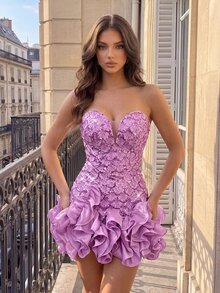 Poshira Women's Mini Strapless Deep V-Neck Rhinestone Sequined Short Hem Dress,3D Floral Design For Birthday,Wedding Guest,Cocktail Graduation Pink - Dark Purple - View 1