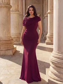 Coutiva Plus Size Women's Contrast Lace Ruffle Mermaid Hem Elegant Formal Evening Gown (Heavy Workmanship) - Burgundy - View 1