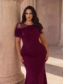 Coutiva Plus Size Women's Contrast Lace Ruffle Mermaid Hem Elegant Formal Evening Gown (Heavy Workmanship) - Burgundy - View 3