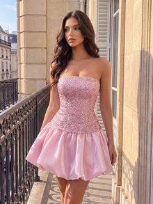 Poshira Women's Sequin Patchwork Strapless Evening Gown - Pink - View 5