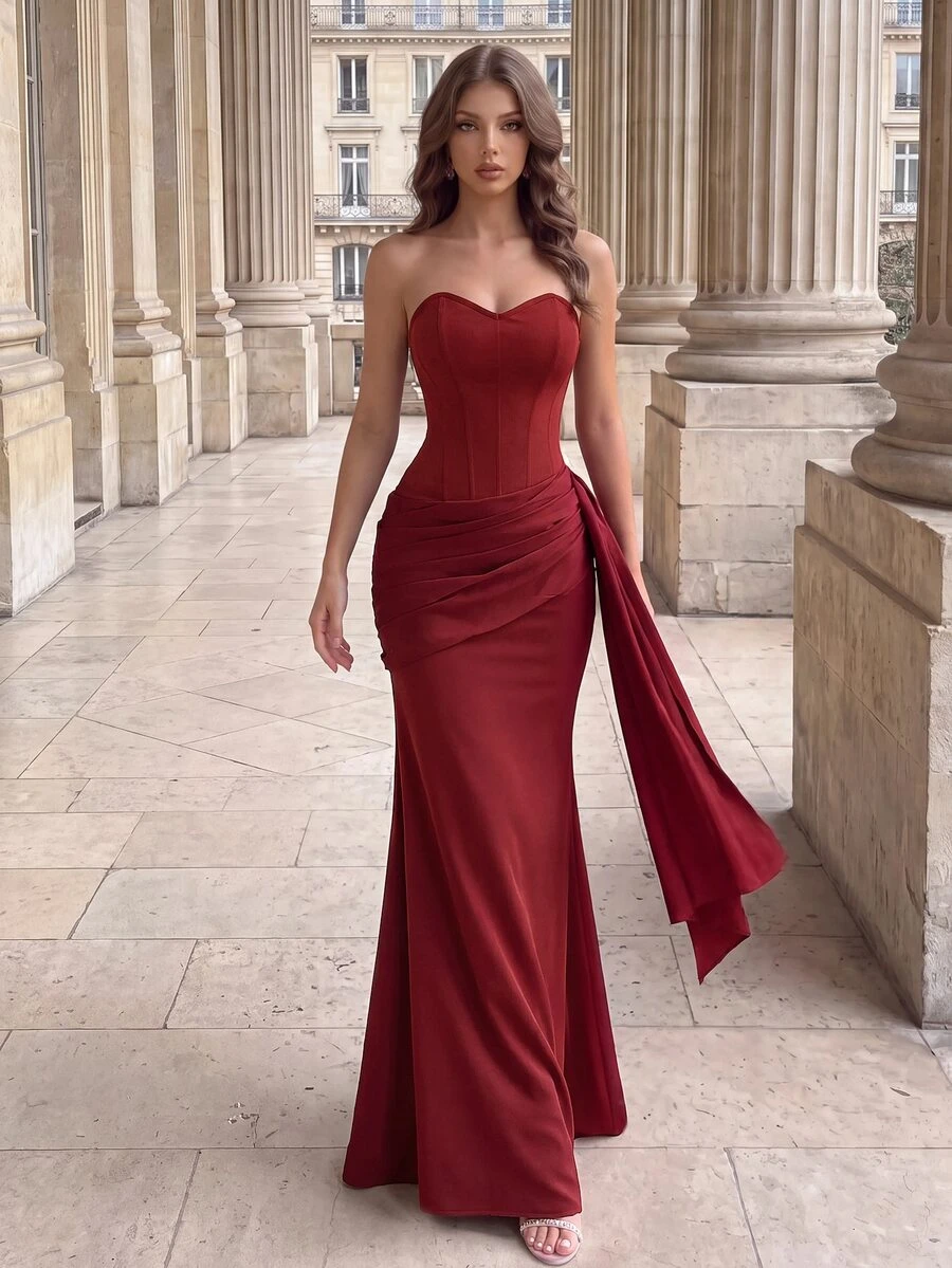 Poshira Women's Strapless Ruched Waist Ribbon Mermaid Evening Gown Elegant Cocktail Dress - Burgundy - View 1