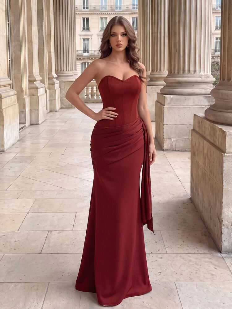 Poshira Women's Strapless Ruched Waist Ribbon Mermaid Evening Gown Elegant Cocktail Dress - Burgundy - View 2