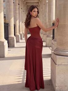 Poshira Women's Strapless Ruched Waist Ribbon Mermaid Evening Gown Elegant Cocktail Dress - Burgundy - View 4