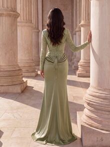 Coutiva High-End Evening Gown Elegant Luxury Contrast Lace Long Sleeve Fitted Mermaid Dress - yellow-green - View 2
