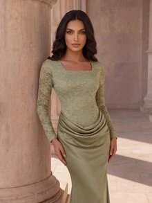 Coutiva High-End Evening Gown Elegant Luxury Contrast Lace Long Sleeve Fitted Mermaid Dress - yellow-green - View 5