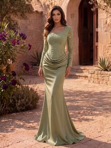 Coutiva High-End Evening Gown Elegant Luxury Contrast Lace Long Sleeve Fitted Mermaid Dress - yellow-green - View 3