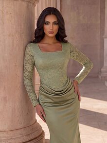Coutiva High-End Evening Gown Elegant Luxury Contrast Lace Long Sleeve Fitted Mermaid Dress - yellow-green - View 1