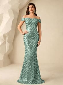 Coutiva Sequin Off-Shoulder Slit Mermaid Elegant Evening Gown - Mint Green - View 4
